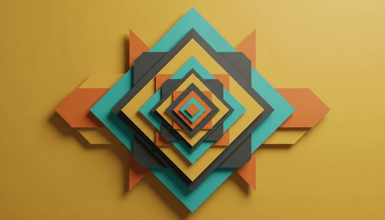Abstract Art Deco geometric pattern in mustard yellow, turquoise, and orange