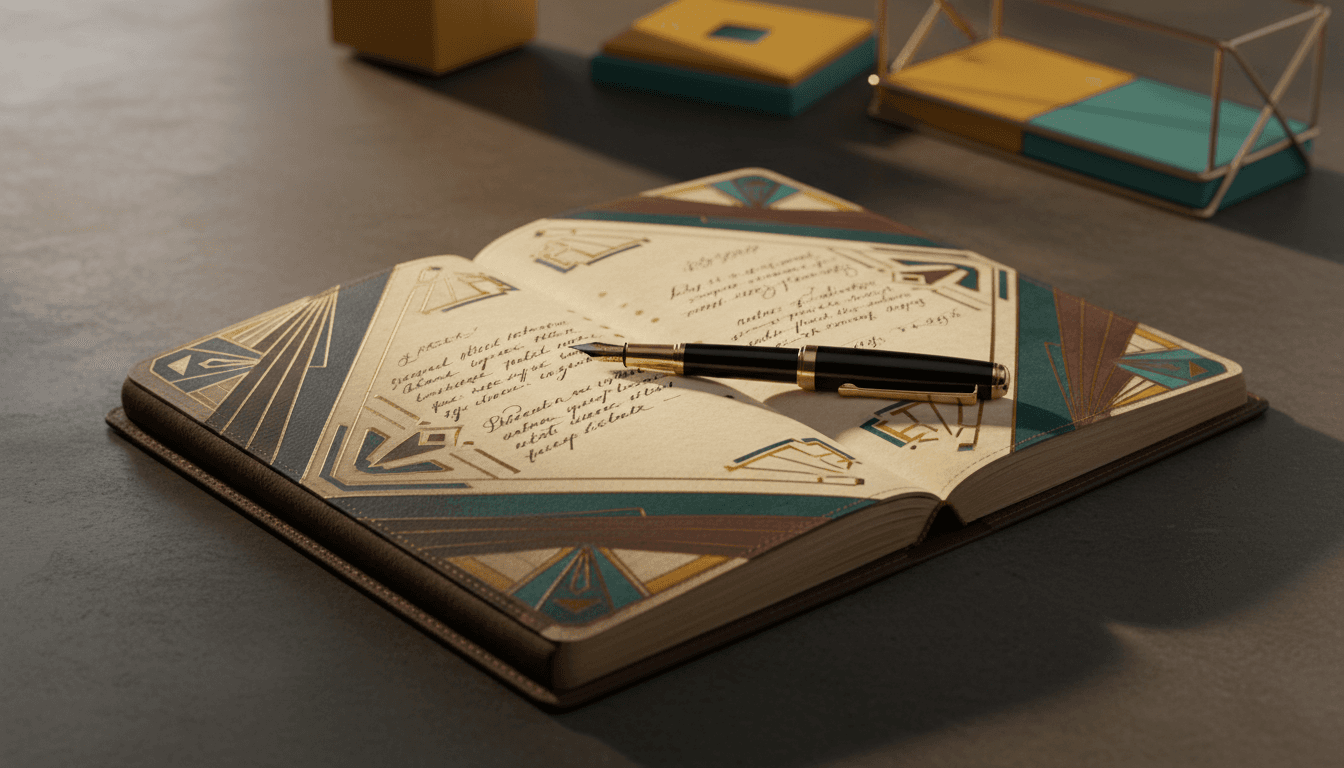 Elegant planner and pen on a sophisticated Art Deco desktop